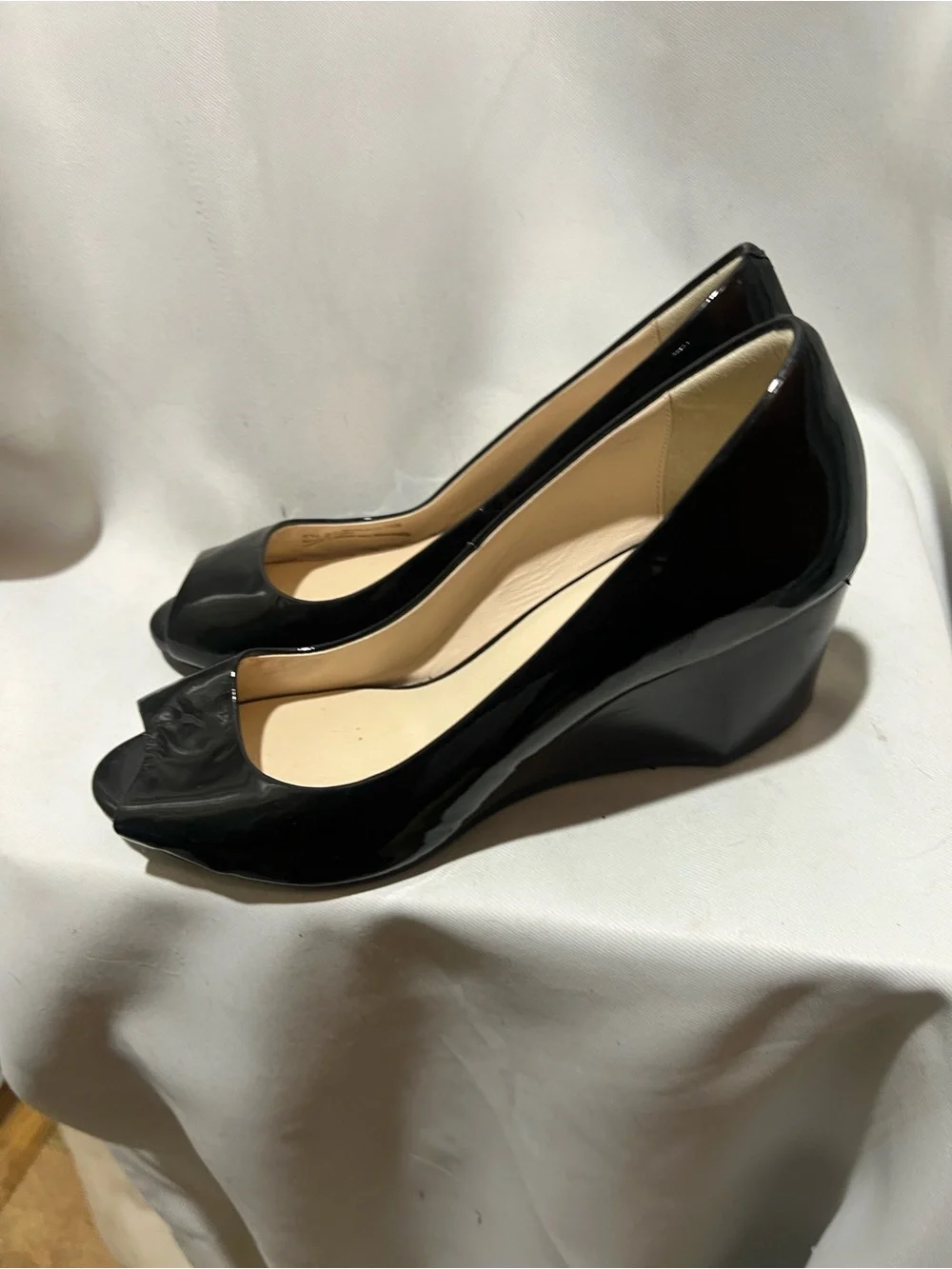 Cole Haan Black Patent Leather Peep Toe Wedge Pumps Size 7.5B